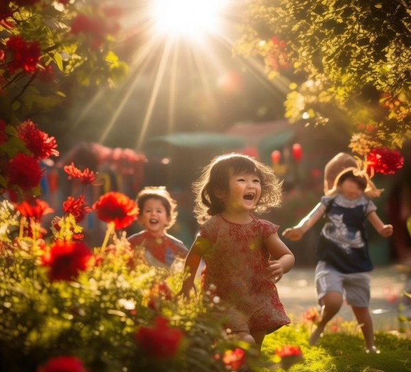 六月阳光染红了幼儿园小花园